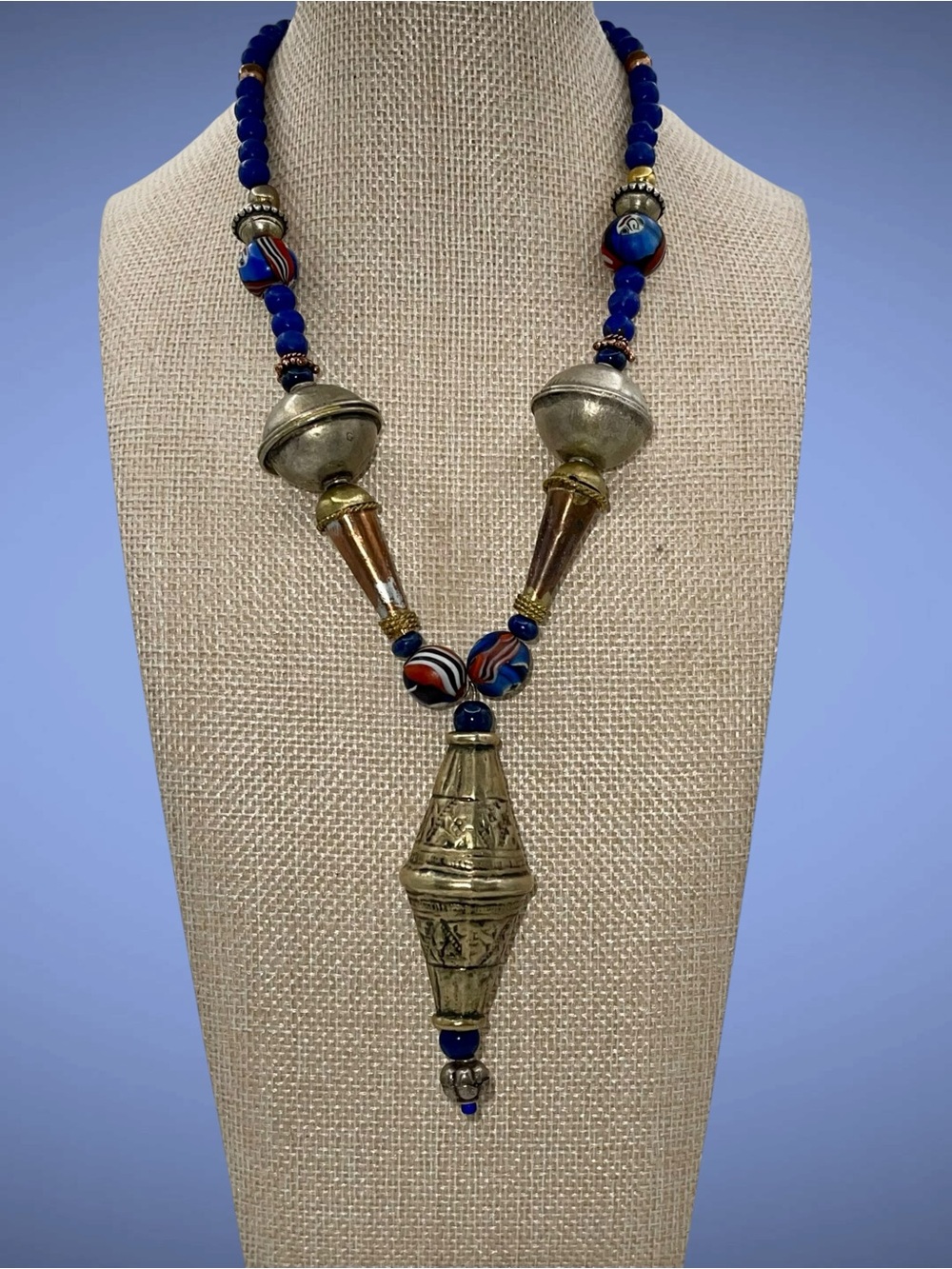 Vintage Tribal Ethnic Silver Brass Blue Lapis Glass Bead Statement Drop Necklac